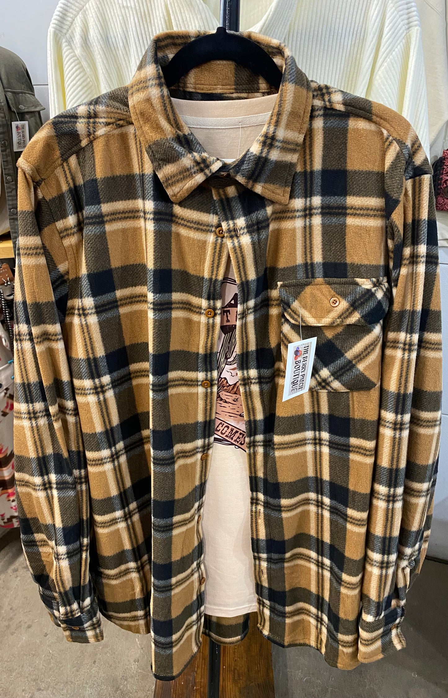 Soft Fleece Black & Tan Button Up