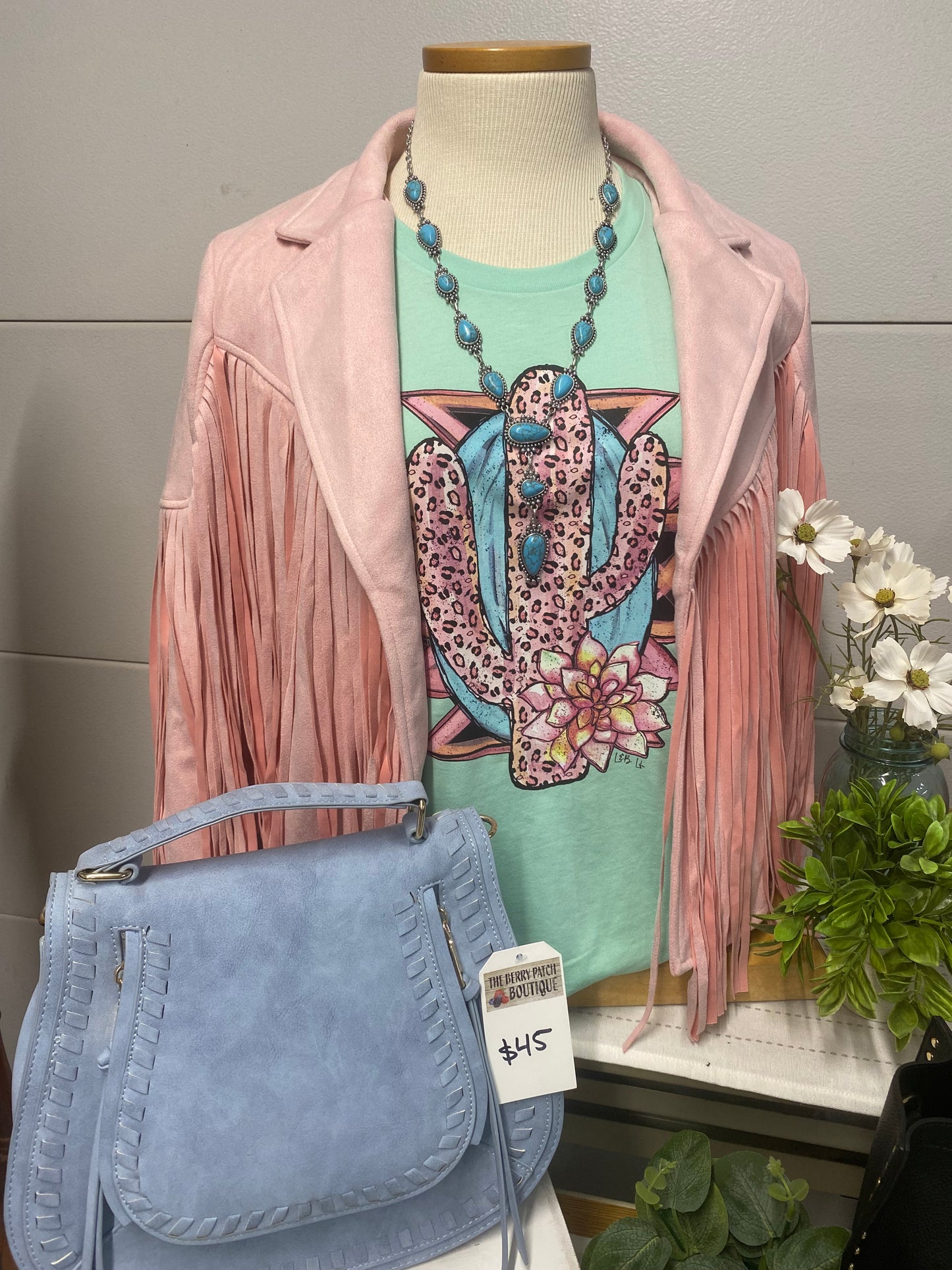 Mint Tee with Pink Cactus