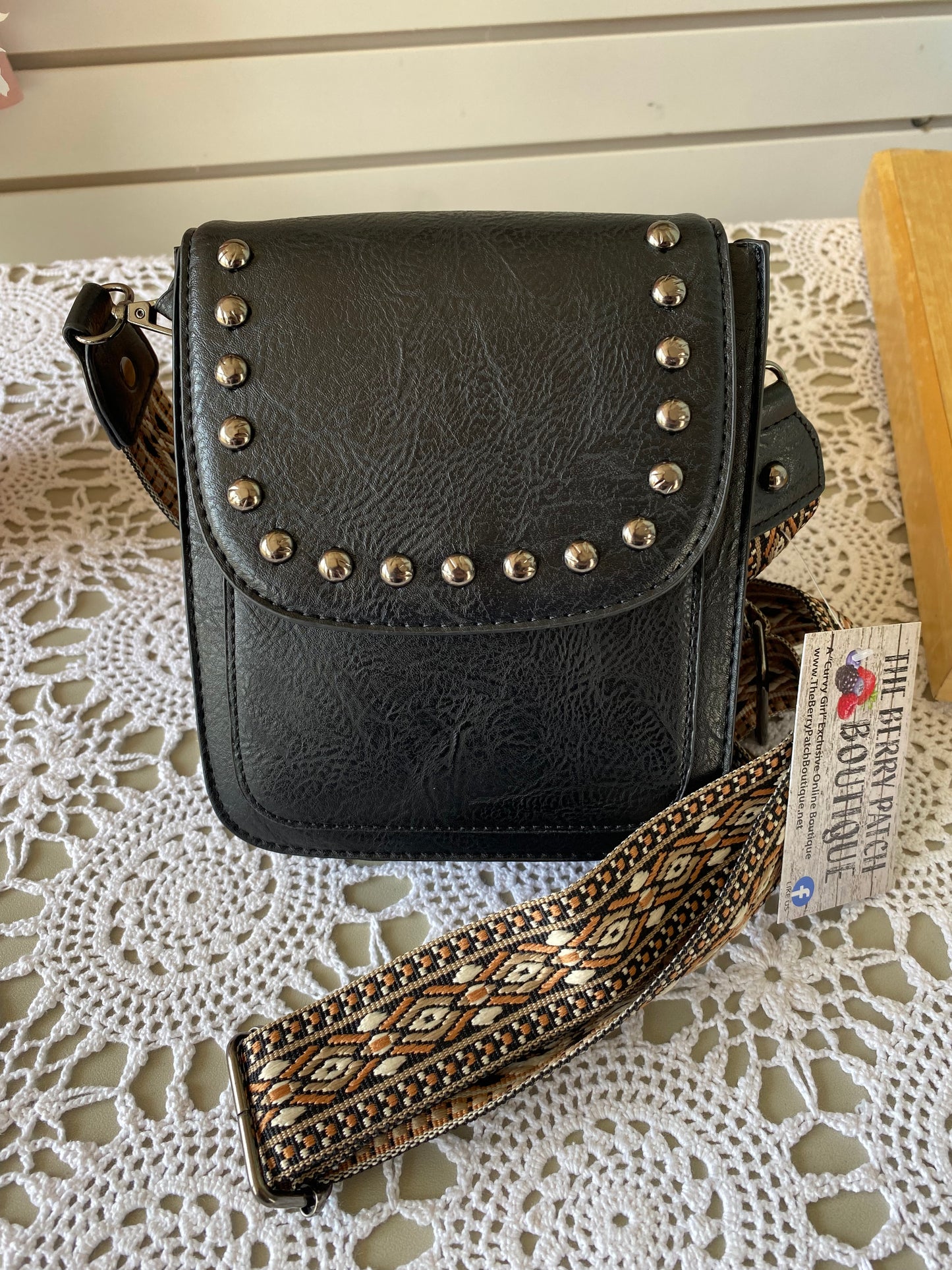 Small Crossbody Black Leather Purse w/guitar strap!