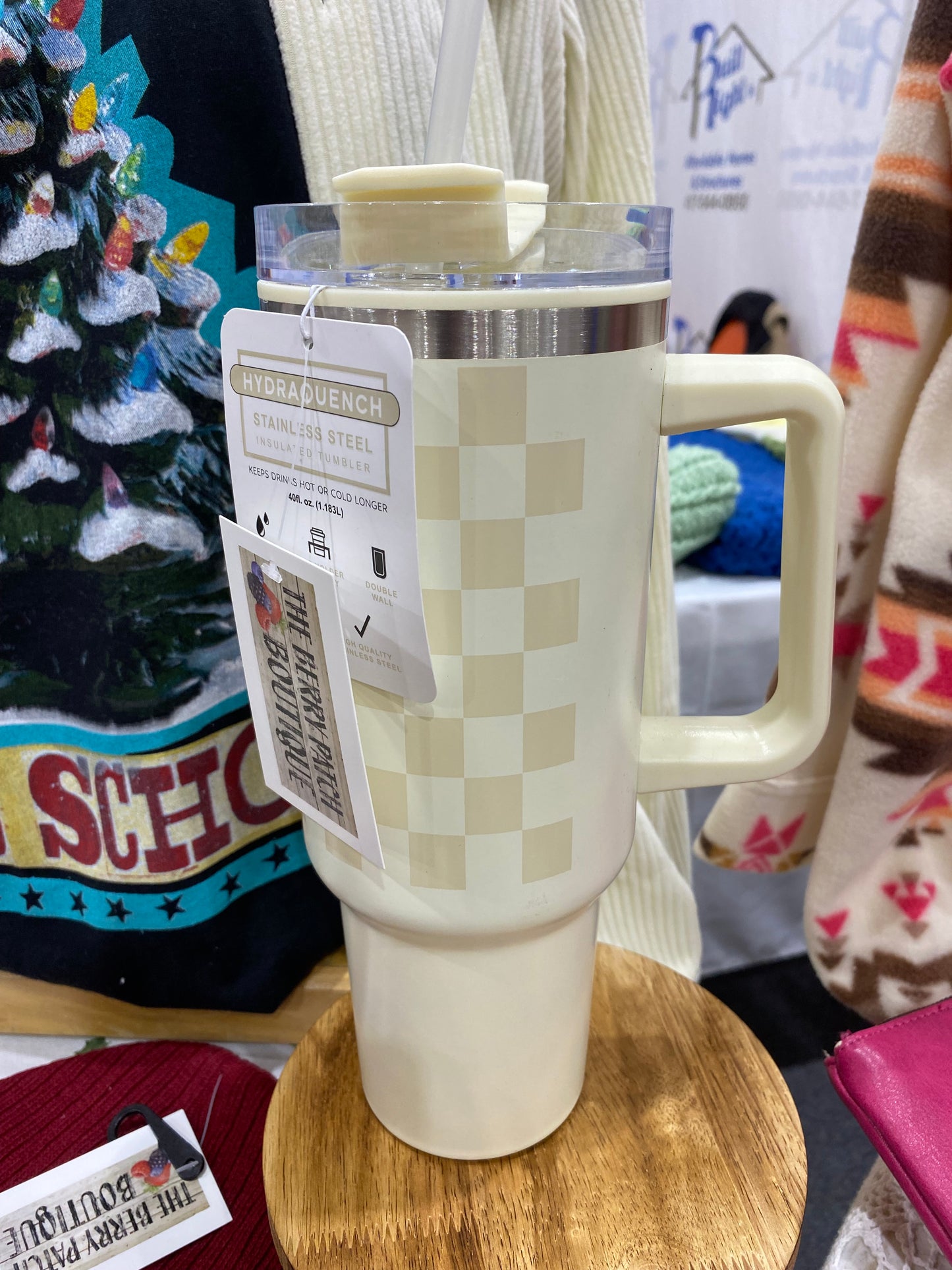Cream Checkered 40oz Stainless Steel Tumbler