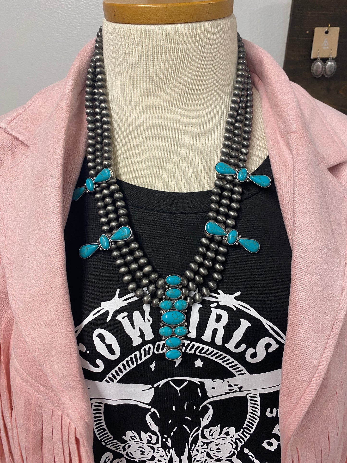 Silver Naja Pearls w/Turquoise Necklace Set
