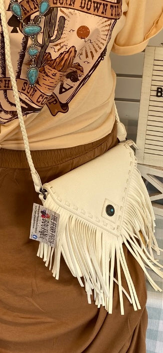 White Leather Fringe Crossbody Purse