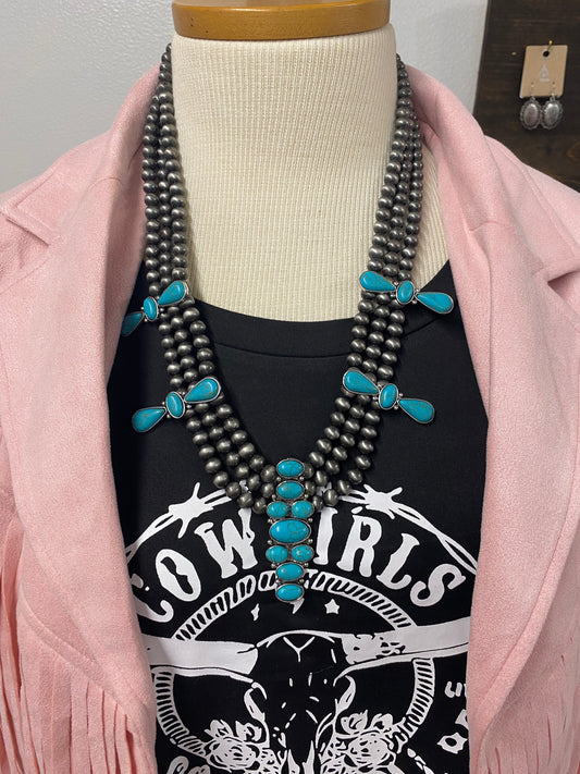 Silver Naja Pearls w/Turquoise Necklace Set